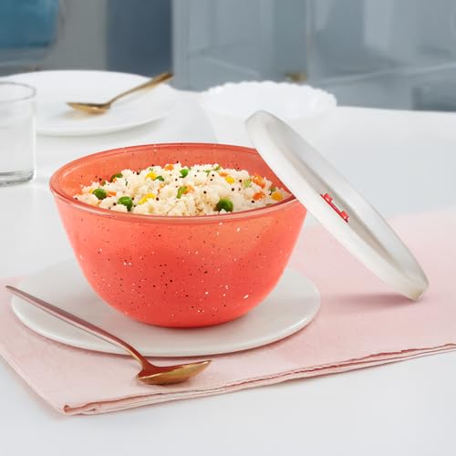 Image of Borosil 1 L Kube Pink Serving & Mixing Bowl with Lid | Made in India Borosilicate Glass Bowl for Kitchen & Dinning | Bowl for Mixing Dough, Salad, Batter | Microwave & Dishwasher Safe