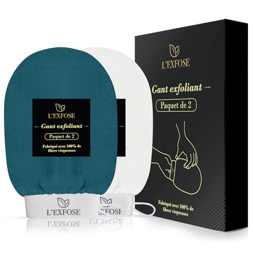 L'Exfose - Guante exfoliante para el cuerpo, 2 guantes de Crin Kessa exfoliantes corporales y faciales de viscosa natural, elimina las células muertas de la piel e hidrata - Sensación de spa agradable