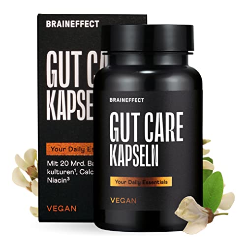 BRAINEFFECT GUT CARE - Vegane Darmbakterien als verdauungsförderndes Mittel gegen Blähbauch, Darmsupport mit Bifidobakterienkulturen zum Verdauung anregen - 60 Darmbakterien Kapseln hochdosiert Cover