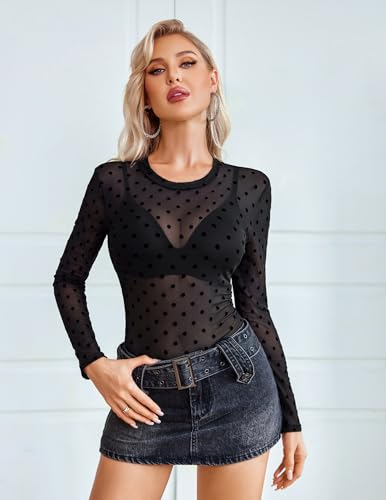 Image of Avidlove Womens Mesh Long Sleeve Bodysuit Round Neck Sheer Leotards Geo Print Bodysuit Top with Snap Crotch
