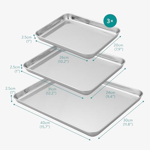 Navaris Baking Pan Breading Trays - Stainless Steel Oven Tray - Chip Trays Cookie Sheets for Oven Roasting Baking Cooling - Sheet Set of 3 40/31/26cm (15.7"/12.2"/10.2")