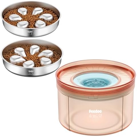 Feedoo Dog Water and Food Bowl Set - 1 Gallon No Spill Dog Water Bowl + 3 Cups Slow Feeder Dog Bowl 2 Pack, BPA Free Slow Feeder for Messy Drinkers Cover