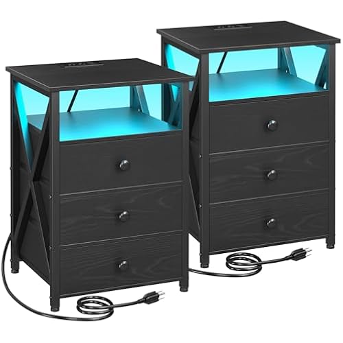 AMHANCIBLE Nightstands Set of 2, LED Night Stand with Charging Station