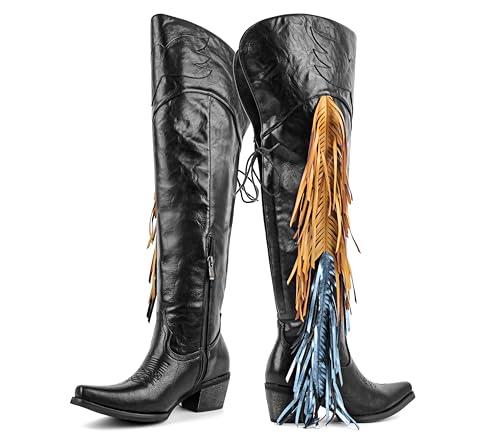 MissHeel Over Knee Cowboy Boots for Women with Fringe Adjustable Thigh High Cowgirl Boot2