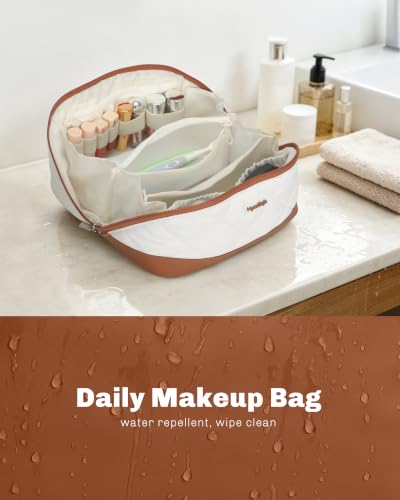 Image of Hynes Eagle Travel Makeup Bag for Women Puffy Cosmetic Organizer Pouch Open Flat Toiletry Bag for Toiletries Brushes Structured Base White