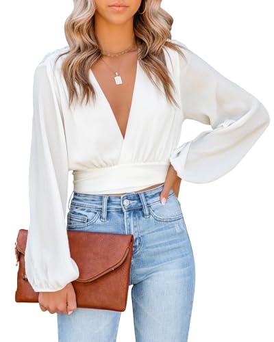 LYANER Women's Deep V Neck Long Sleeve Tie Front Knot Sexy Wrap Crop Top Blouse3
