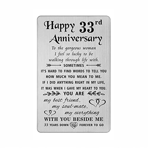 TANWIH 33rd Anniversary Card for Her Wife, 33 Year Anniversary Card Gifts for Her Women, 33rd Wedding Anniversary for Wife, Engraved Metal Wallet Cards