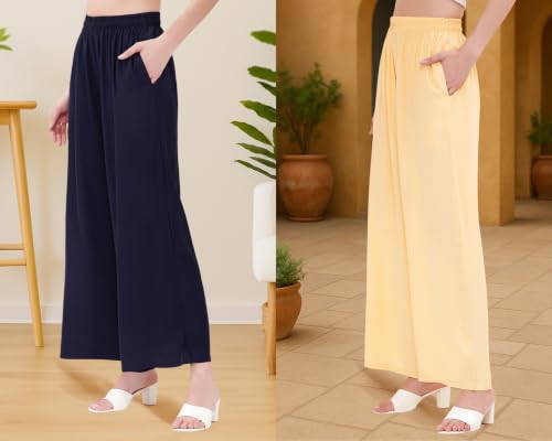 Image of Buy That Trendz Palazzo Pants for Women Rayon Elasticated Regular Fit Flared Wide Leg M to 6XL Pack of 2