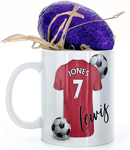 Hairyworm Personalised Mug and Milk Chocolate Easter Egg Gift Set, Customised with Name/Number/Text, (11oz) White Mug with Red Football Shirt, Football Mug