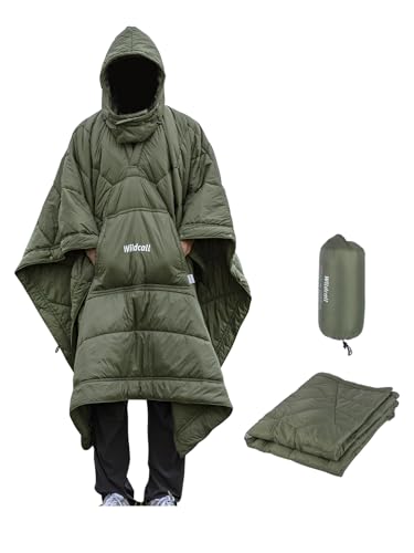 WildCall Hooded Camping Blanket with 3M Thinsulate Insulation Wearable Poncho Blanket Ultralight Foldable Quilt Sleeping Bag for Outdoor Hiking Stadium