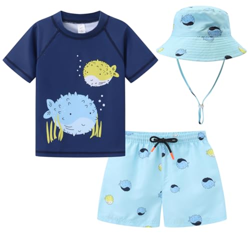 Toddlers and Baby Boys' 3-Piece Rashguard Sets Swimsuits Sets with Hat Surfing Swimwear Sunsuit UPF 50+Navy Globe Fish(5-6Years)