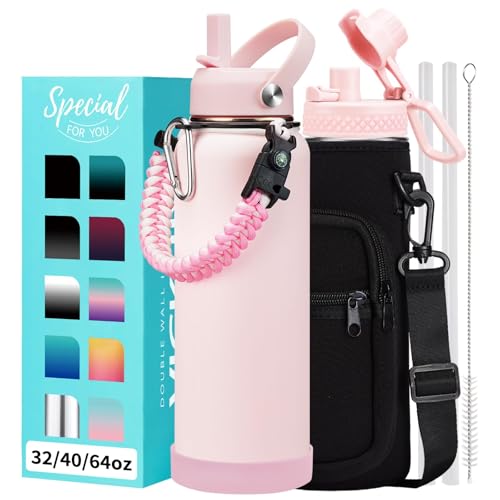 Pink 40 oz Insulated Water Bottle - with Straw Spout Lids, Triple Wall Stainless Steel Water Bottles Cold 48H Hot 24H, Wide Mouth Hydro Bottle Metal Flask with Handle, Strap Carrier Bag for Women