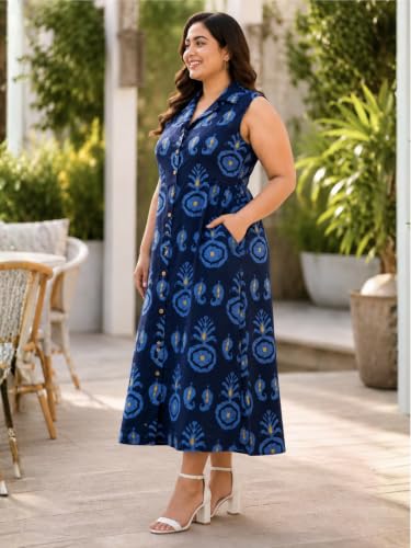 Image of Indietoga Women Plus Size Printed Cotton Midi A-line Dress (XL to 7XL)