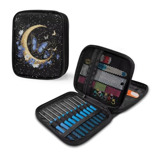 Image of Moon Crochet Hook Case Butterfly Flower Breathable Knitting Needle Organizer Portable for Home Travel Lightweight
