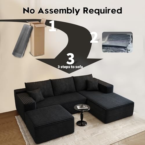 Image of 107.5 inch Cloud Modular Sectional Sofa with 1 Ottoman,Modern Minimalist Upholstered Couches, Comfort U Shaped Sofa for Living Room,Deep Seat Corner Couch,No Assembly Required (Black,Right Facing Chaise)