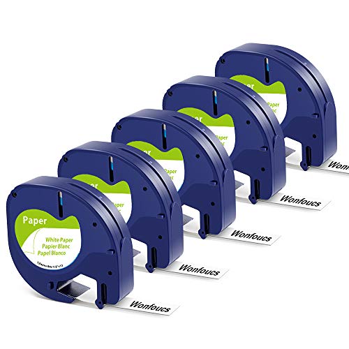 Wonfoucs Ruban pour Étiqueteuse Compatible pour Dymo LetraTag Papier 91200 12mm S0721510 pour Dymo LT-100T LT-100H LT-110T QX 50 XM XR 2000 Plus (Pack de 5, Noir sur Blanc)