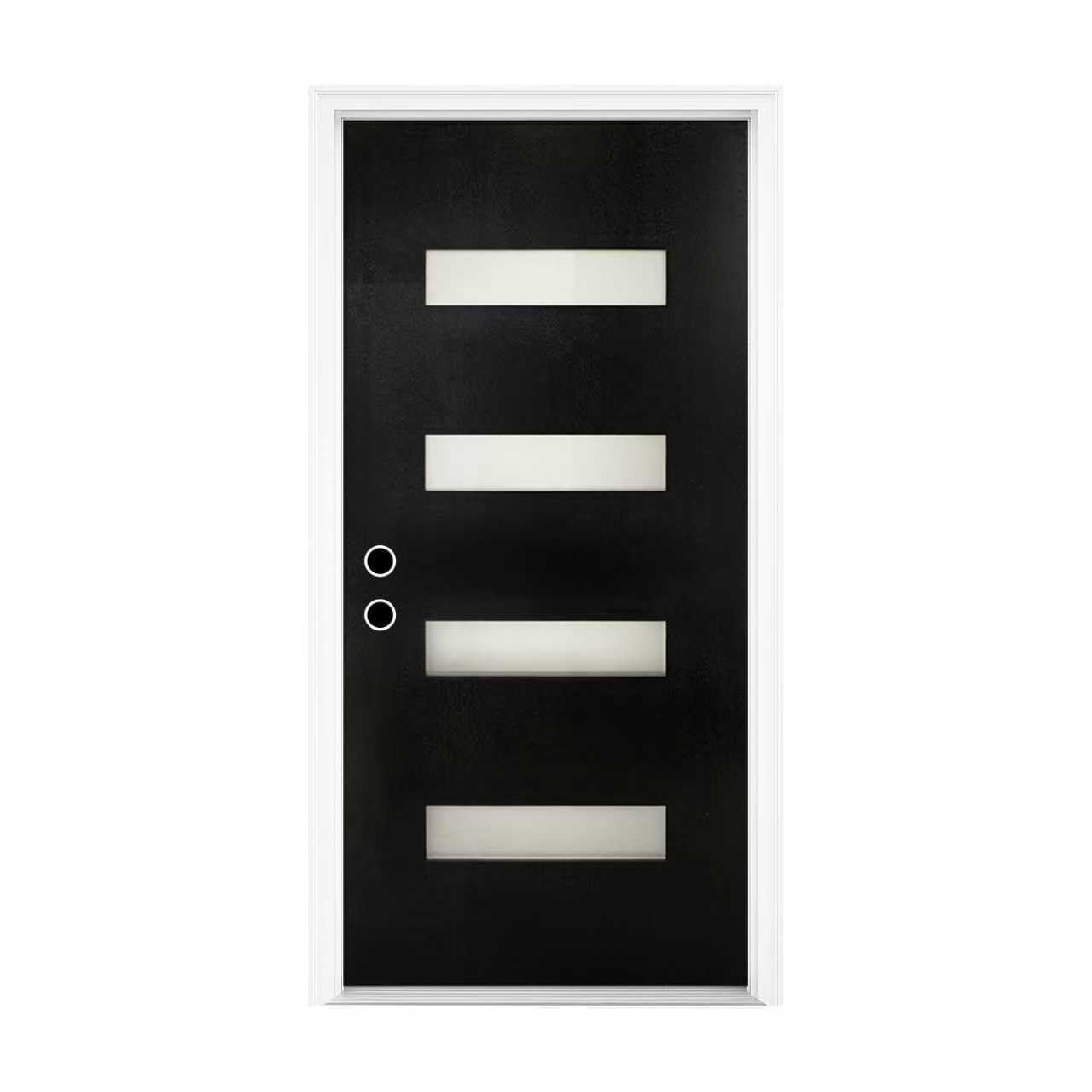 36 x 80 Fiberglass Entry Door with Brickmould and Frosted Glass Contemporary Front Door Right Hand Inswing Black Color with 4-9/16 White Vinyl Frame