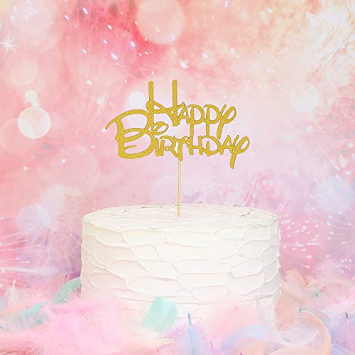 Gold Happy Birthday Cake Topper - Golden Glitter Birthday Party Cake Decoration Supplies, Cake Smash Decoration Photo Booth Props, Gold Paper Cake Topper Flags Sign #TOP1