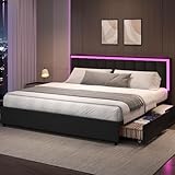IMMERSTABLE Full Size Bed Frame with 4 Storage Drawers, Full Bed Frame with Headboard, Upholstered Bed Frame Full with LED Lights, Heavy Duty Slat Support, No Box Spring Needed, Easy Assembly, Black