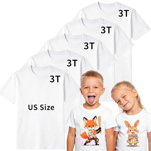Joyclub 5 PCS Toddler Sublimation Blank T Shirts White Polyester Crew Neck Short Sleeve for Heat Transfer DTF Age 2T-5T White 3t