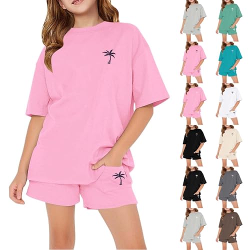 Girls 2 Piece Active Shorts Set Palm Tree Print Outfits Matching Workout Set Short Sleeve Top and Shorts Teen Trendy Clothes 5