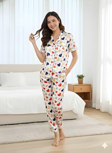 Image of Women's Lycra Heart Printed Night Suit Set of Shirt & Pajama Set Women Night Wear Set,Night Dress for Woman