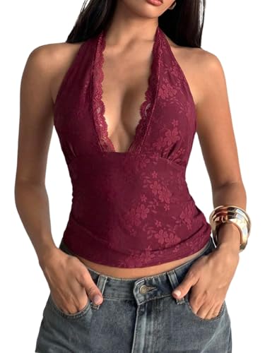 Milumia Women's Floral Lace Deep V Neck Halter Top Sexy Tie Backless Going Out Tank Tops