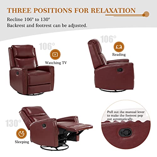Hulala Home Genuine Leather Swivel Rocker Recliner, Manual Glider Recliner Chair With Adjustable Backrest & Footrest, Home Theater Sofa Armchair For Living Room Bedroom, Burgundy #TOP4