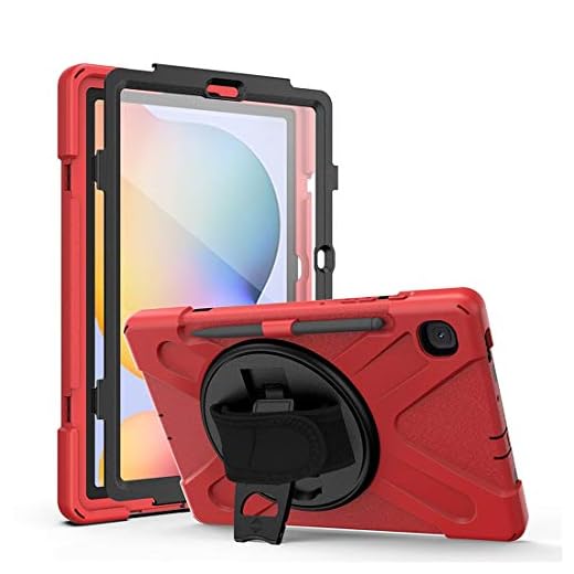 Series Tre-i-ett Splittertåligt Skal För Samsung S6 Lite 10.4 P610 / P615, Drop-Proof, Dammtät, 360 Graders Roterande Multifunktions Grip Bracket, Med Pen Slot Tablet Case Cover (Color : Red)