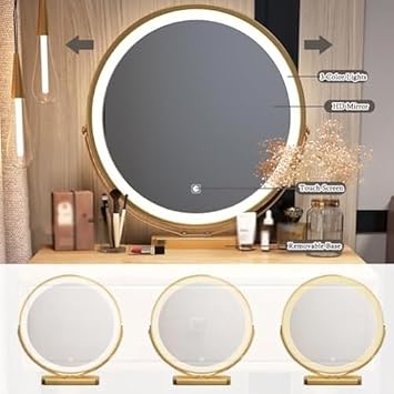 Dressing Table Vantity Table with Flip-top Mirror and Rolling Stool LED Lights Integrated Makeup,Black Wooden Vanity Desk Set with 3-Mode Adjustable Lighted Mirror & Cushioned Stool, Rustic