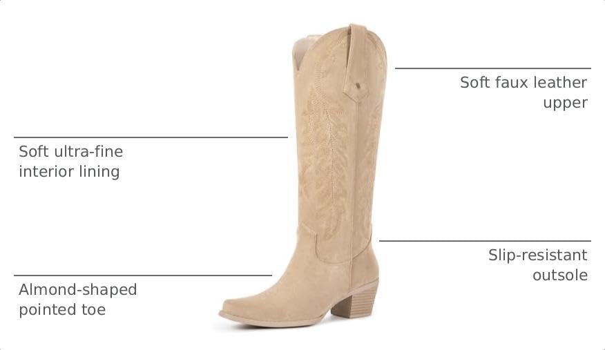 Image of wetkiss Cowboy Boots Womens Knee High Cowgirl Boots Embroidered Pointed Toe | Cowgirl Boots, Retro Embroidery, Block Heel, Stable and Comfortable, Pull-On, Style for a Classic Vintage Western Look