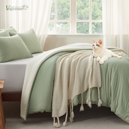 Image of Full Size Comforter Set, Comforters Full Size Luxury and Ultra-Soft Jersey Knit Bedding Set, Sage Green /Beige Lightweight Down Alternative Bed Comforter for All Season, 3 Piece Bedding Set