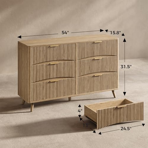 Image of Evermagin 54 inch Wide Fluted 6 Drawer Dresser, Mid Century Modern Curved Dresser, Light Wood Chest of Drawers for Bedroom, Living Room and Entryway, Natural Oak