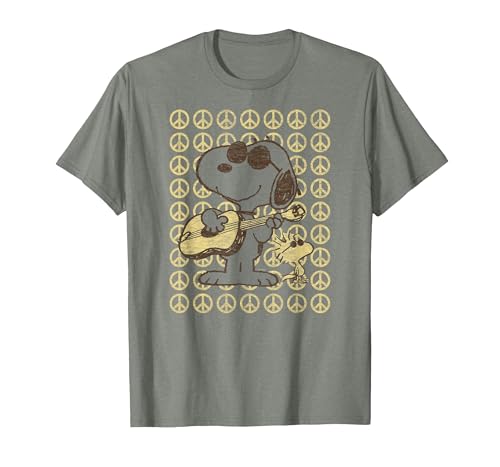 Image of Peanuts - Snoopy Woodstock Guitar & Peace Signs T-Shirt, Men, Olive Heather, Medium