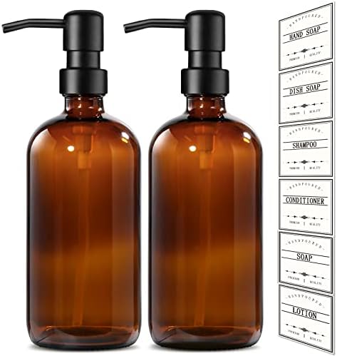 GMISUN Amber Glass Soap Dispenser, 2 Pack Hand and Dish Soap Dispenser Set with Rustproof Matte Black Stainless Steel Pump, 16 Oz Farmhouse Brown Liquid Soap Dispensers Bottle for Kitchen & Bathroom