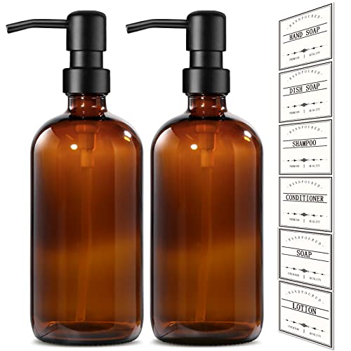 Gmisun Amber Glass Soap Dispenser, 2 Pack Hand And Dish Soap Dispenser Set With Rustproof Matte Black Stainless Steel Pump, 16 Oz Farmhouse Brown Liquid Soap Dispensers Bottle For Kitchen & Bathroom #TOP30