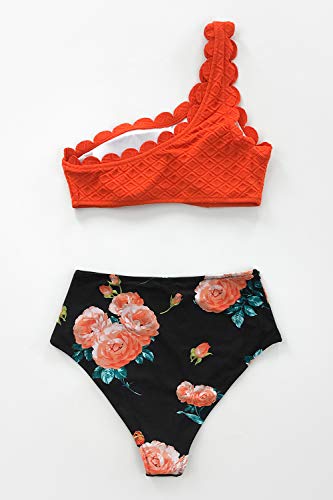 CUPSHE-Damen-Bikini-Set-One-Shoulder-Bikini-Bademode-Wellenkante-High-Waist-Blumenmuster-Zweiteiliger-Badeanzug-Swimsuit