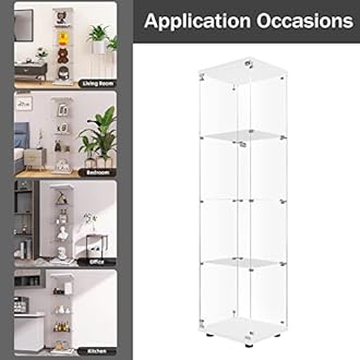LFT HUIMEI2Y Glass Display Cabinet 4-Shelf with Door and Lock, Curio Cabinets Upgraded Quick-Install Style Tempered Glass Floor Standing Bookshelf for Bedroom, Living Room 65”x 17”x 14” White