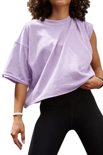 Image of HUGOOME Womens Oversized Workout Crop Top Casual Short Sleeve Boxy Roll Hem