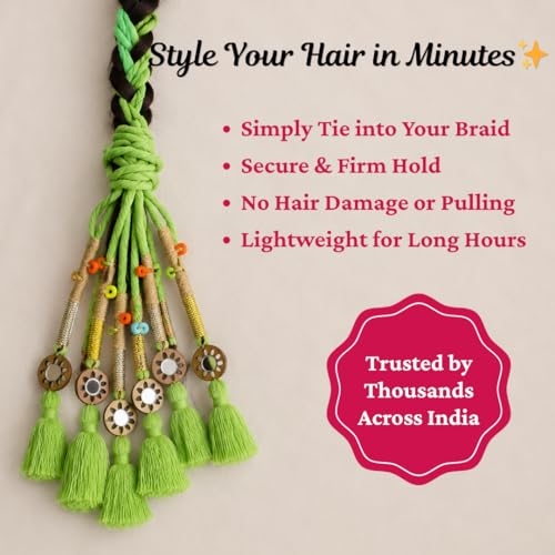 Image of Zippy Flora Neelima Parandi (Parrot Green) | Traditional Boho Handmade Paranda Hair Accessory with Braid Tassels | Women's Ethnic Hair Extension for Choti, Braids & Patiala Shahi Hairstyles