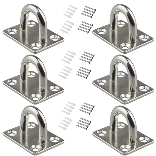 Leyrens 6 piezas placas de ojo de almohadilla cuadrada, placa de ojo de acero inoxidable u ganchos de techo anclaje pared, ganchos de techo para colgar redes, cuerdas, hamaca, anillas de gimnasia