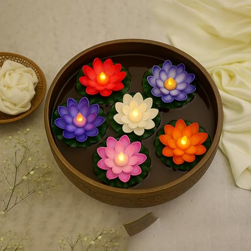 Image of LED Lotus Floating Diya| Waterproof, Battery-Powered, Realistic Lotus Flower Floating Candle for Diwali Decor, Home, Wedding, Mandir, Indoor & Outdoor Decorations (Multicolor) (Pack of 6)