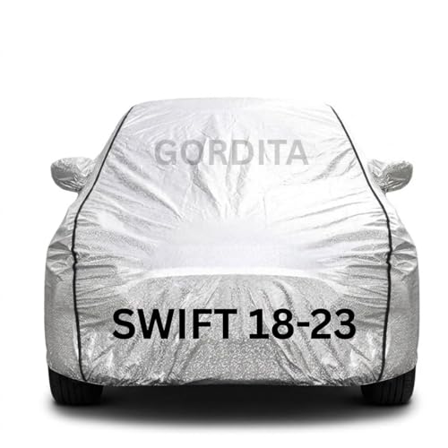 Image of Waterproof Car Body Cover for Swift 2018-23 All Weather Protection Comes with Inner Cotton Lining & Triple Stitched with Mirror & Antenna Pocket Belt & Elastic Fit Metallic Silver with Black Piping2
