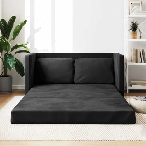 Yunovire Sofá de suelo con función para dormir, negro, 122 x 204 x 55 cm, terciopelo, 2 plazas, convertible, marco de metal robusto, cómodo para sala de estar y dormitorio
