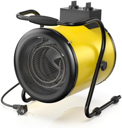 Calefactor Eléctrico Industrial 3000 W Termoventilador Portatil | Calefactor de Obra con Termostato y Protección Contra Sobrecalentamiento, Orientable 0-25°, para Taller & Garaje, Amarillo