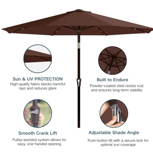 Image of 9' Solar LED Patio Umbrella with Tilt & Crank|8 Sturdy Ribs,UV Protection,Outdoor Market Table Umbrella for Deck,Lawn,Pool,Backyard(Brown)