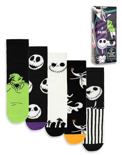 Disney Juego de 5 calcetines de Jack Skellington de Pesadilla antes de Navidad | Calcetines unisex para adulto con calaveras, rayas y personajes | Para uso diario y Halloween | Merchandising