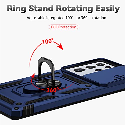 for Samsung Galaxy S21 Ultra Case with Camera Lens Cover HD Screen Protector,Military-Grade Drop Tested Magnetic Ring Holder Kickstand Protective Phone Case for Samsung Galaxy S21 Ultra 5G (Navy Blue)