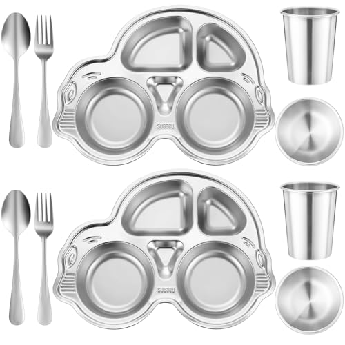 Jinei 10 Pieces Kids Stainless Steel Plates Bowls Set, Car Shaped