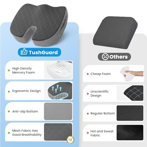 Image of TushGuard Office /Car Seat Cushion, Non-Slip Sciatica & Back Coccyx Tailbone Pain Relief Chair Pad, Memory Foam Butt Pillow for Computer Desk, Wheelchair, Driving (Black&Grey, X-Large)